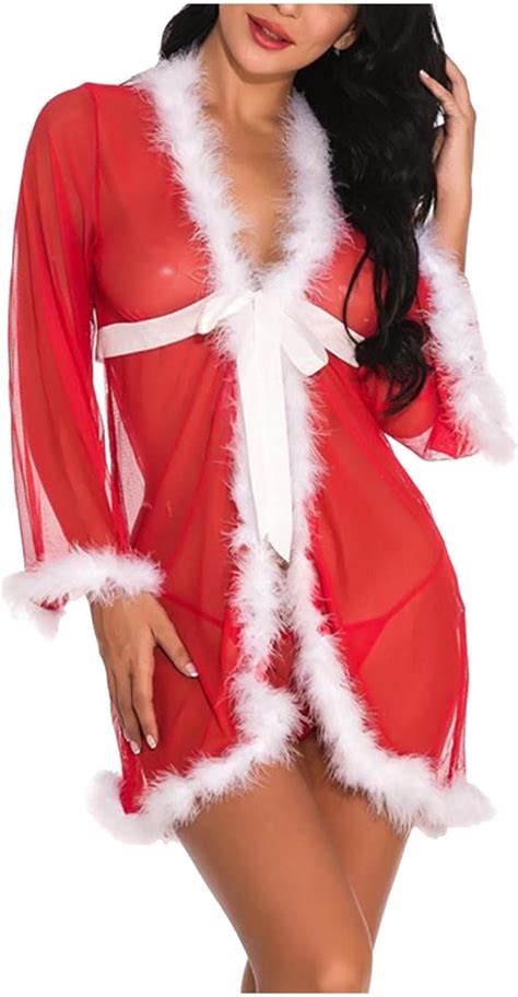 Amazon Christmas Lingerie For Women Fluffy V Neck Chemise Sexy Exotic Open Front Negligee