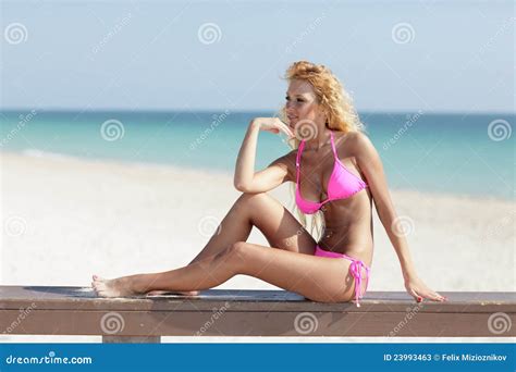 Bikini Model Sitting On A Ledge Stock Image Image Of Tropical Beach