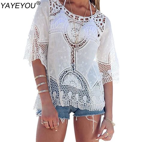 Wei Frauen Bluse Sexy Spitze H Keln Boho Casual Strand Bikini Cover Up Blusen Hemd Tops
