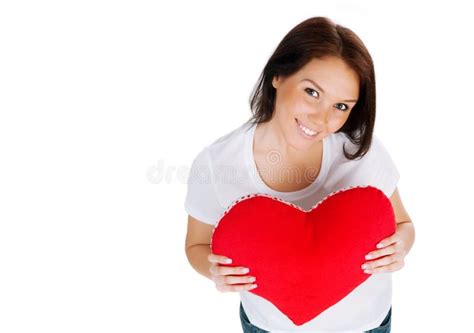 Jeune Brunette Avec Le Coeur Rouge D Isolement Image Stock Image Du Femelle Visage