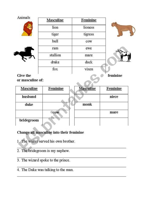 gender  nouns  masculine  feminine list esl