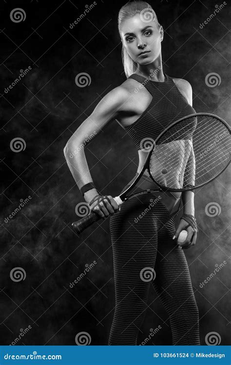 Beautiful Blonde Sport Woman Tennis Player With Racket In Red Costume Stock Photo Image Of