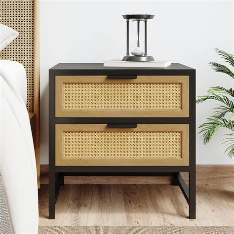 Modern Wood Nightstand Rattan Nightstand With Drawers Storage For