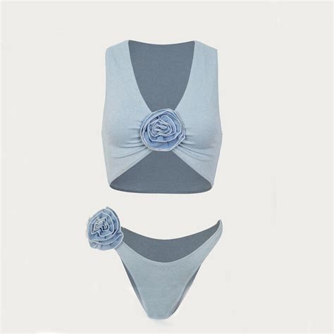 Sexy D Flower Bikini Swimwear Women Swimsuit Soild Halter Bikini Set High Cut Bandage