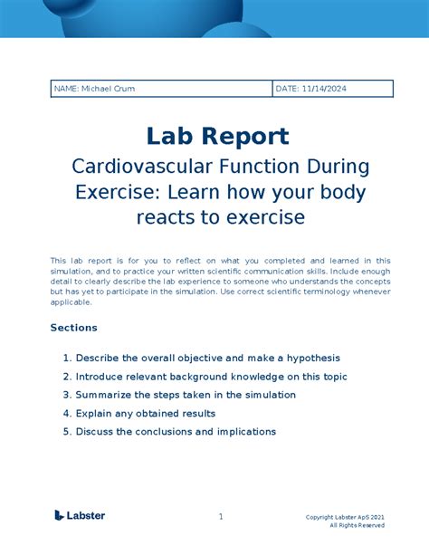 Lab Report: Cardiovascular Function During Exercise (Lab 101) - Studocu
