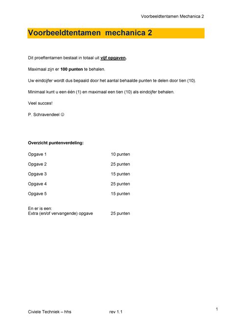 Proef Oefen Tentamen 2018 Vragen Voorbeeldtentamen Mechanica 2