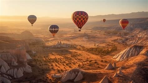 Many Hot Air Balloons Fly Over Beautiful Cappadocia Turkey Generative Ai Stock Illustration