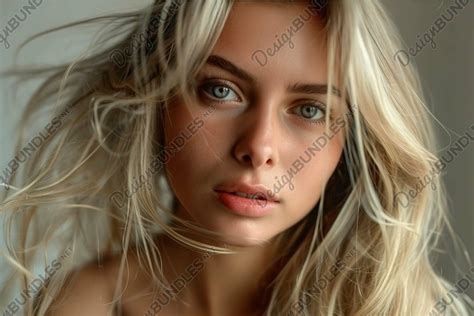 Beautiful Blonde Woman With Blue Eyes Is Posing With Wind Bl