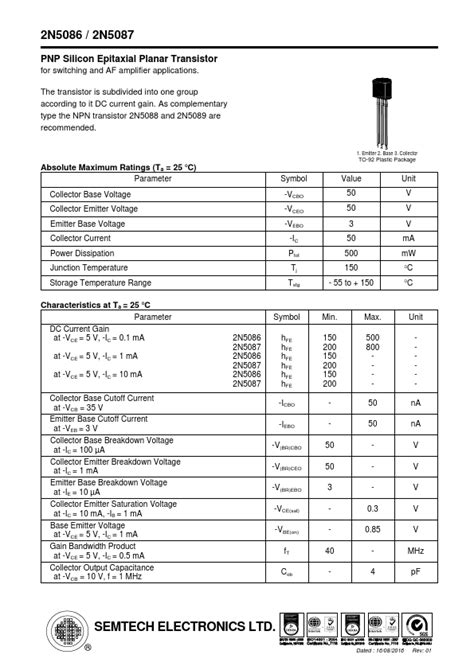 2N5086 Datasheet PNP General Purpose Amplifier