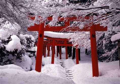 Torii gate with snow - Asian backpacker