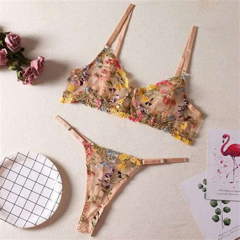 Floral Embroidery Lingerie Set Women Sheer Piece Boho Bra Panty