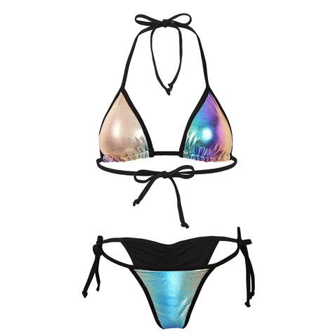 Sexy Womens Shiny Metallic Bikini Set Padded Bra Top Swimwear Swimsuit