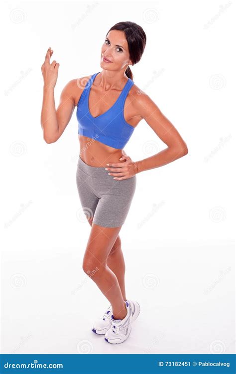 Happy Smiling Brunette Crossing Her Fingers Stock Image Image Of