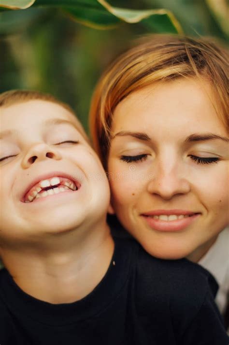 Portrait Of A Happy Mother And Her Son Outdoor Series Of A Mo Stock