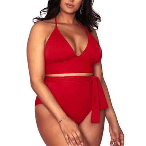 High Waisted Plus Size Bikini Set Women Swimsuit High Leg Cut Swimwear Female Halter Two Pieces