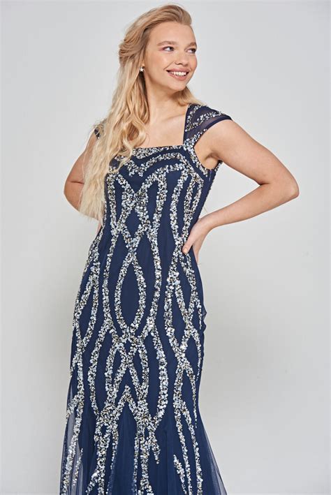 Maria Navy Square Neck Sequin Maxi Dress Frock And Frill