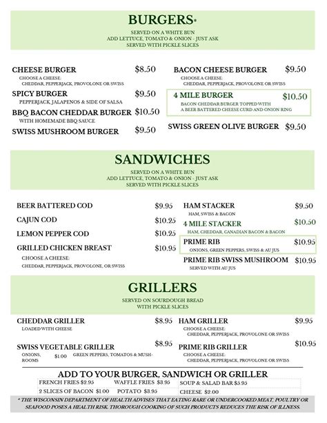 Menu at 4 Mile Restaurant & Bar, Eau Claire