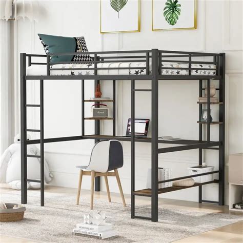 Merax Metal Mdf Full Loft Bed With Long Desk And Shelves Vigshome