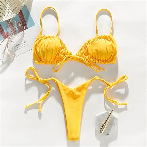 MAILLOT DE BAIN Maillot de bain brésilien plissé avec nœud à volants Micro bikini extrême