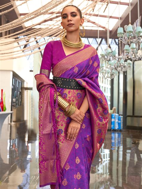 Buy Purple And Rani Pink Zari Weaving Silk Wedding Wear Saree From Ethnic Plus