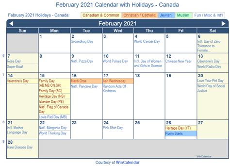 Print Friendly February 2021 Canada Calendar For Printing