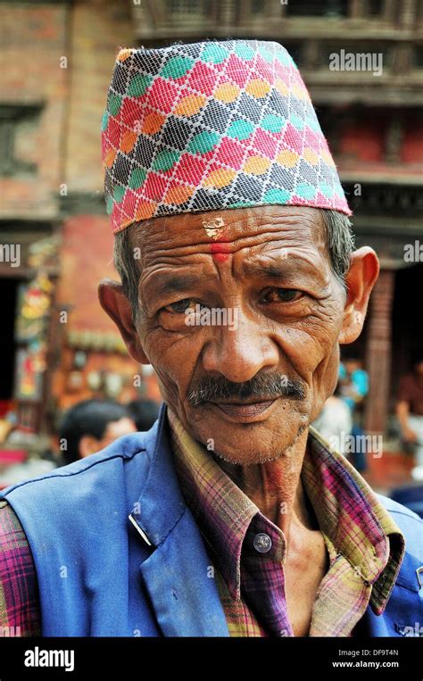 Patan Nepalese Man Wearing Traditional Hat A Dhaka Topi A Tika On