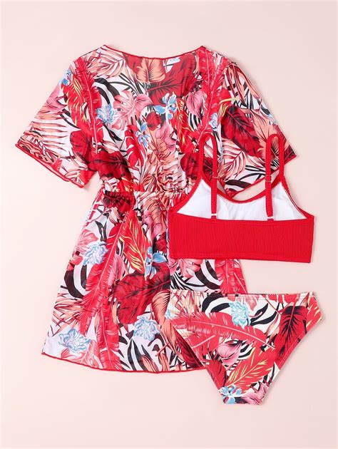 piezas Conjunto de bikini con estampado tropical aleatorio con kimono de verano para niña