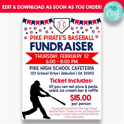 Editable Baseball Fundraisier Flyer Baseball Fundraising Etsy