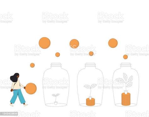 투자 수익 개념 비즈니스 성장 돈 나무를 가진 젊은 여자 벡터 라인 아트 일러스트레이션 물 주기에 대한 스톡 벡터 아트 및 기타