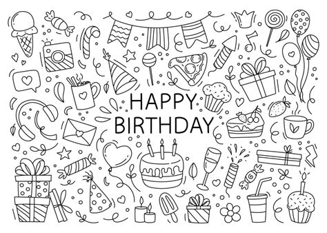 Happy Birthday Doodle Set Hand Drawn Vector Illustration Isolated On