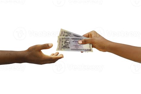 Hand giving 1000 Bangladeshi taka notes to another hand isolated on ...