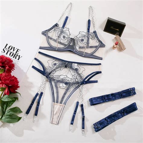 Ellolace Floral Lace Lingerie Set Transparent Embroidery Push Up Bras