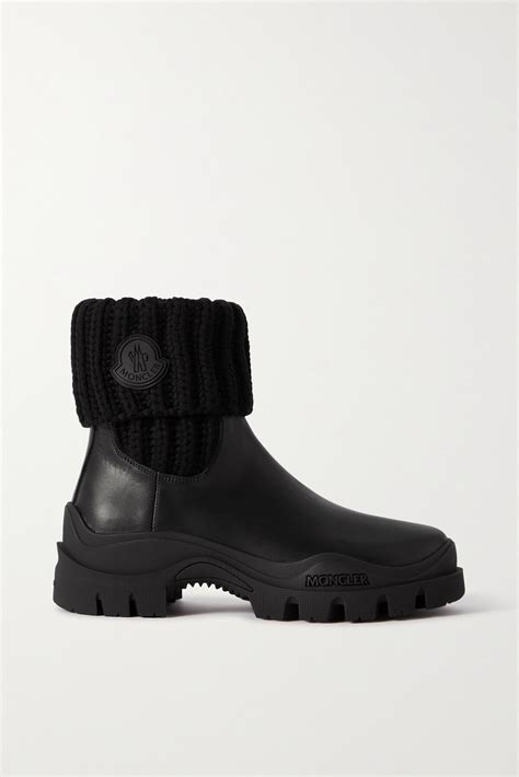 Moncler Larue Ribbed Knit And Leather Ankle Boots Black Editorialist