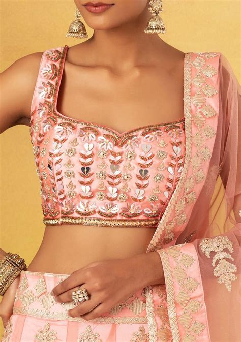 Buy Women Peach Gota Patti Embroidered Mesh Lehenga Set With