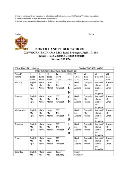 Route 101 Stop List and Northland Transit Schedule 8