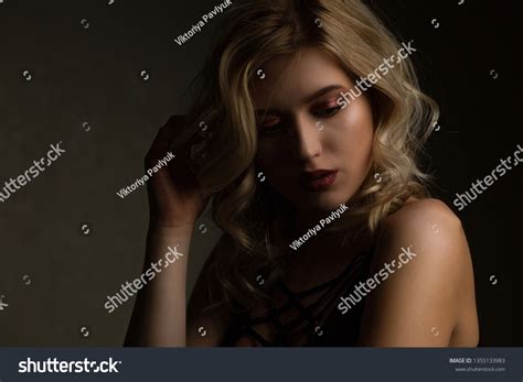 Sensual Blonde Woman Perfect Makeup Naked Stock Photo