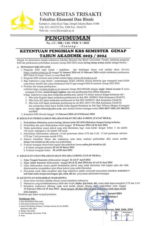 Ketentuan Pengisian KRS Semester Genap TA 2023 2024 Fakultas Ekonomi