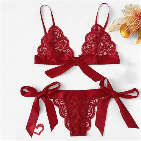 Bxjx Womens Lingerie Sets Sexy Bow Lace Mesh Fashion T Sling Underwear Red Size L