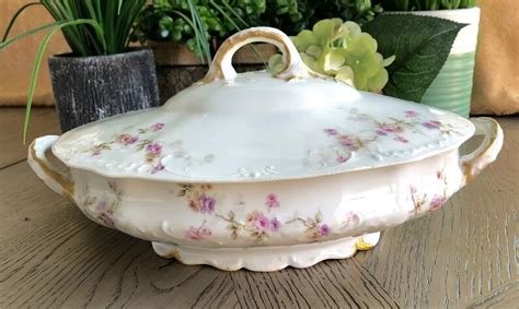 Antique Theodore Haviland Limoges Pink Floral Oval Lidded Vegetable