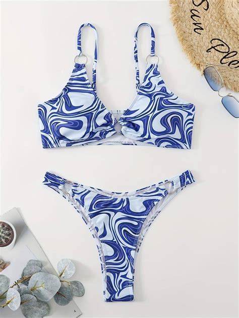 Fluid Printed Ring Detail Bikini Swimsuit Shein Usa