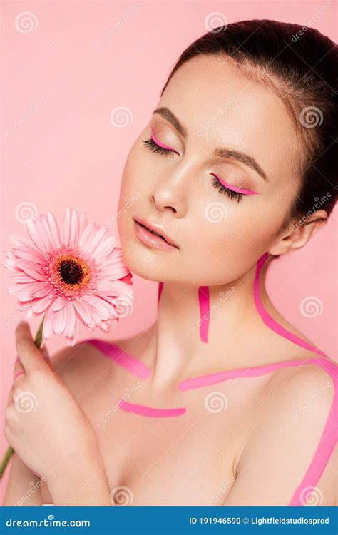 Naked Beautiful Woman With Pink Lines Stock Photo Image Of Flora Makeup