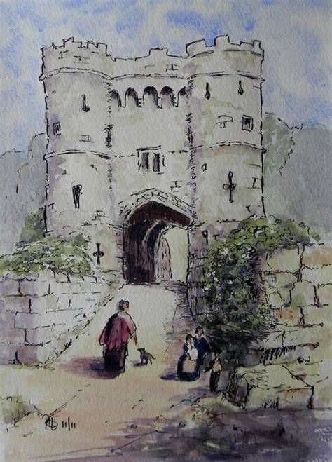 A Drawing Of A Castle With People Walking Up The Steps And An Entrance