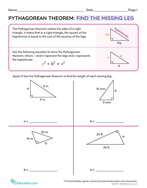 Pythagorean Theorem Find The Missing Leg Name