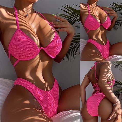Tejiojio 2024 Women S Bikini Solid Set Swimsuit Two Piece Filled Bra Swimwear Beachwear Deals