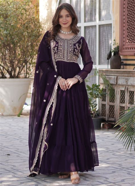 faux georgette embroidered purple trendy gown