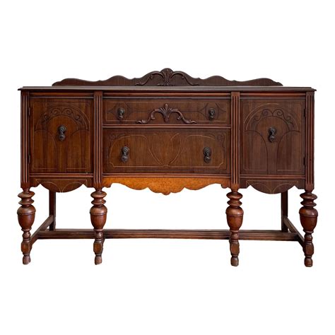 1920s Walnut Jacobean Sideboard Buffet With Birdseye Maple Accent