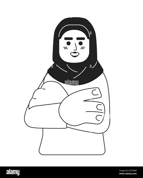 Hijab Young Adult Woman Confident Arms Folded Black And White 2d Cartoon Character Stock Vector