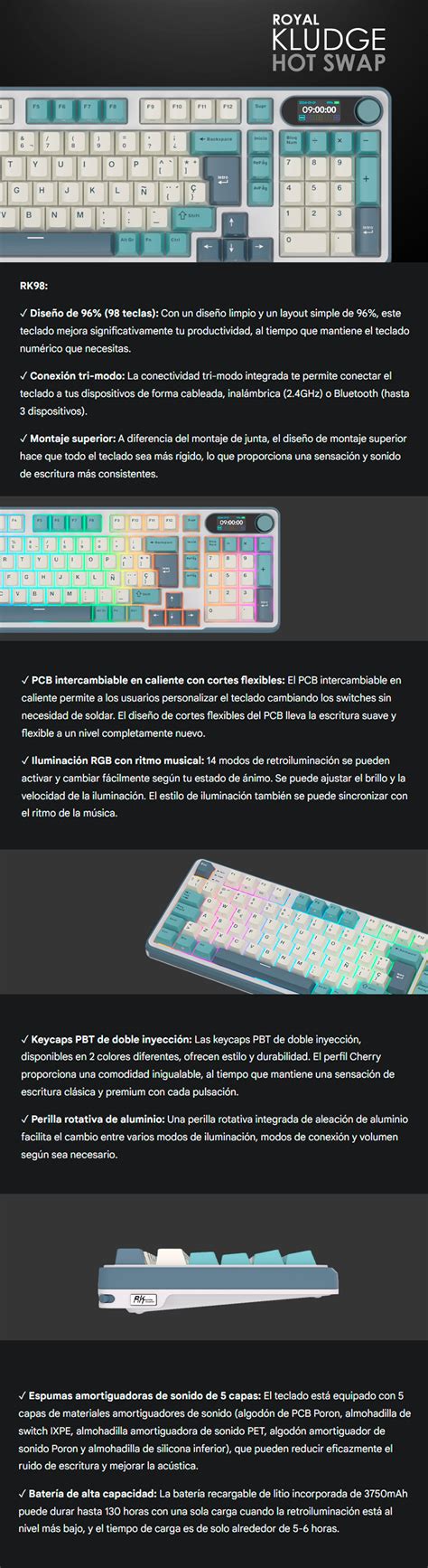 Teclado Mecánico ROYAL KLUDGE RKS Tri Mode Chartreuse Silver Switch Hot Swap