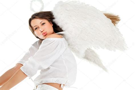 Beautiful Blonde Angel Against White Background Stock Photo IgorBorodin
