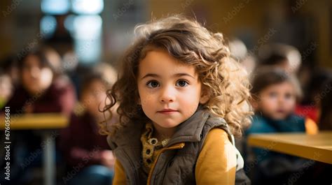 Niña latina en aula escolar con cabello rizado sonriente en escuela kinder 3 años preescolar